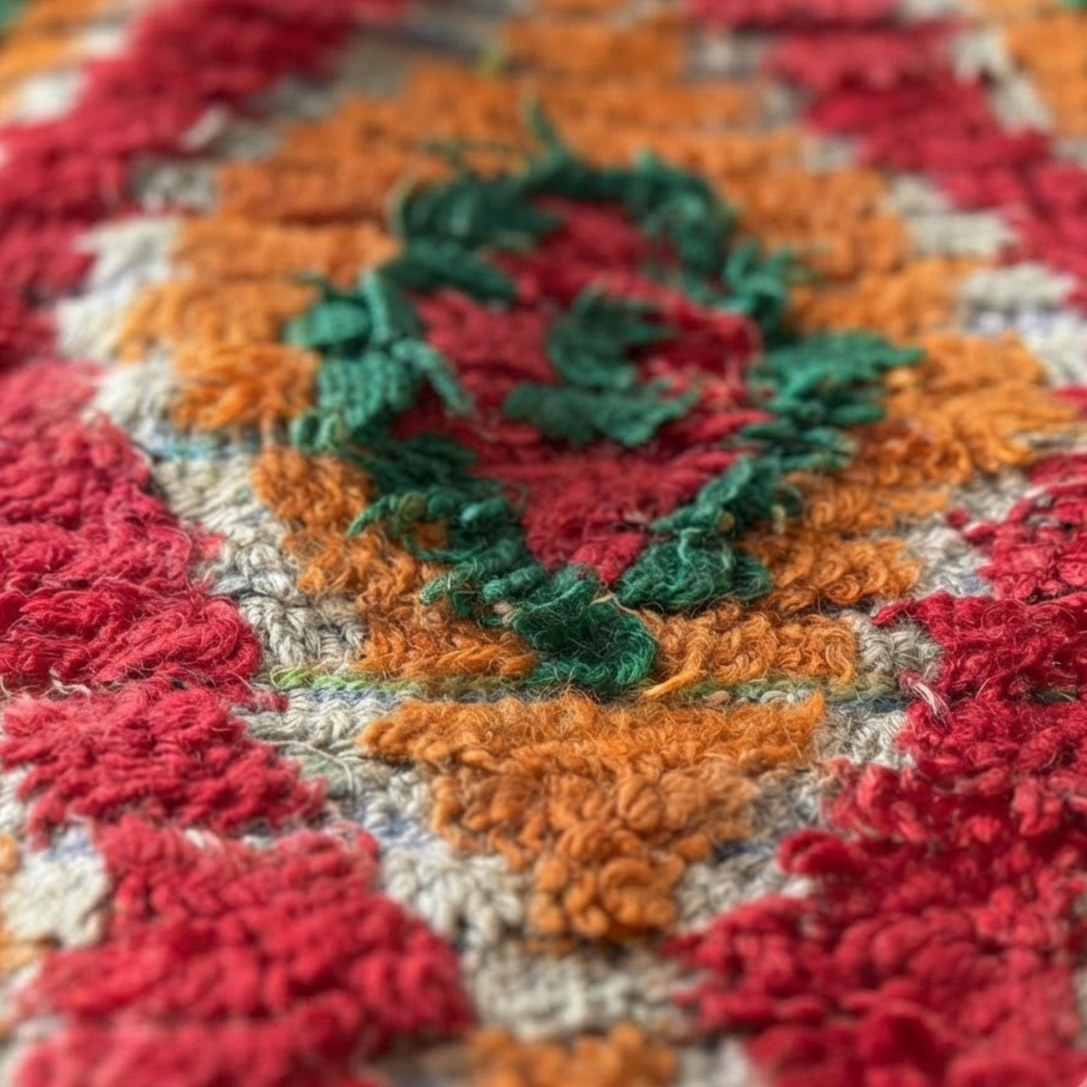 Vintage Red and Orange Boujad Berber Floor Pouf 60x60x20 cm – Handmade Moroccan Wool Floor Cushion with Plush Diamonds and Striped Sides