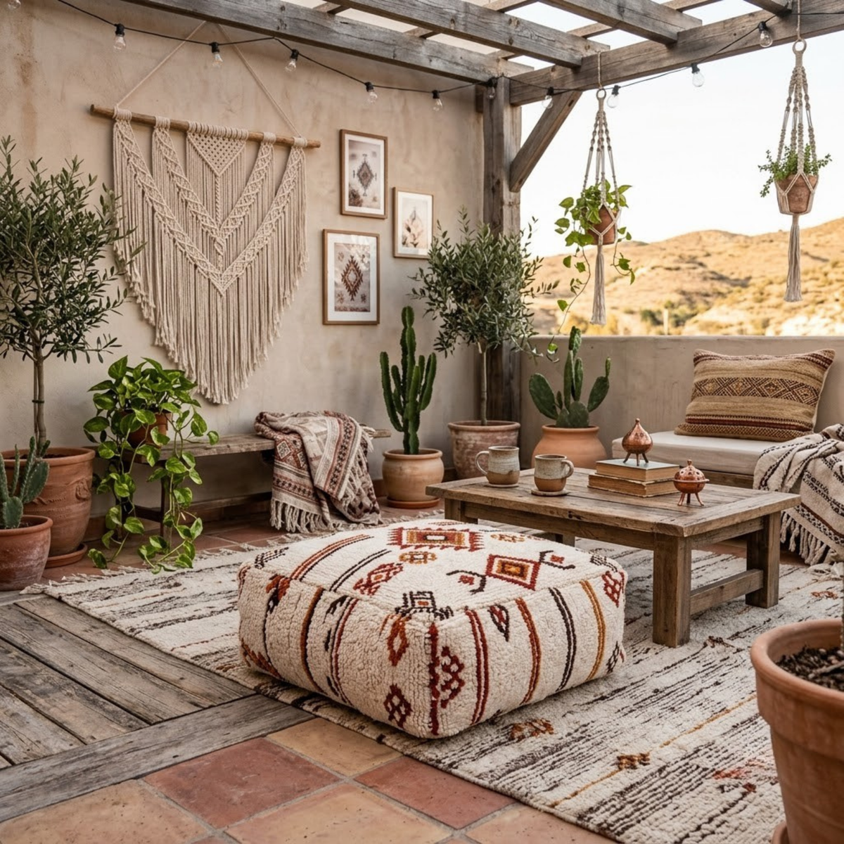 Beni Ourain Berber Floor Pouf 60x60x20 cm – Authentic Handmade Moroccan Cream Wool Cushion with Earthy Tribal Motifs