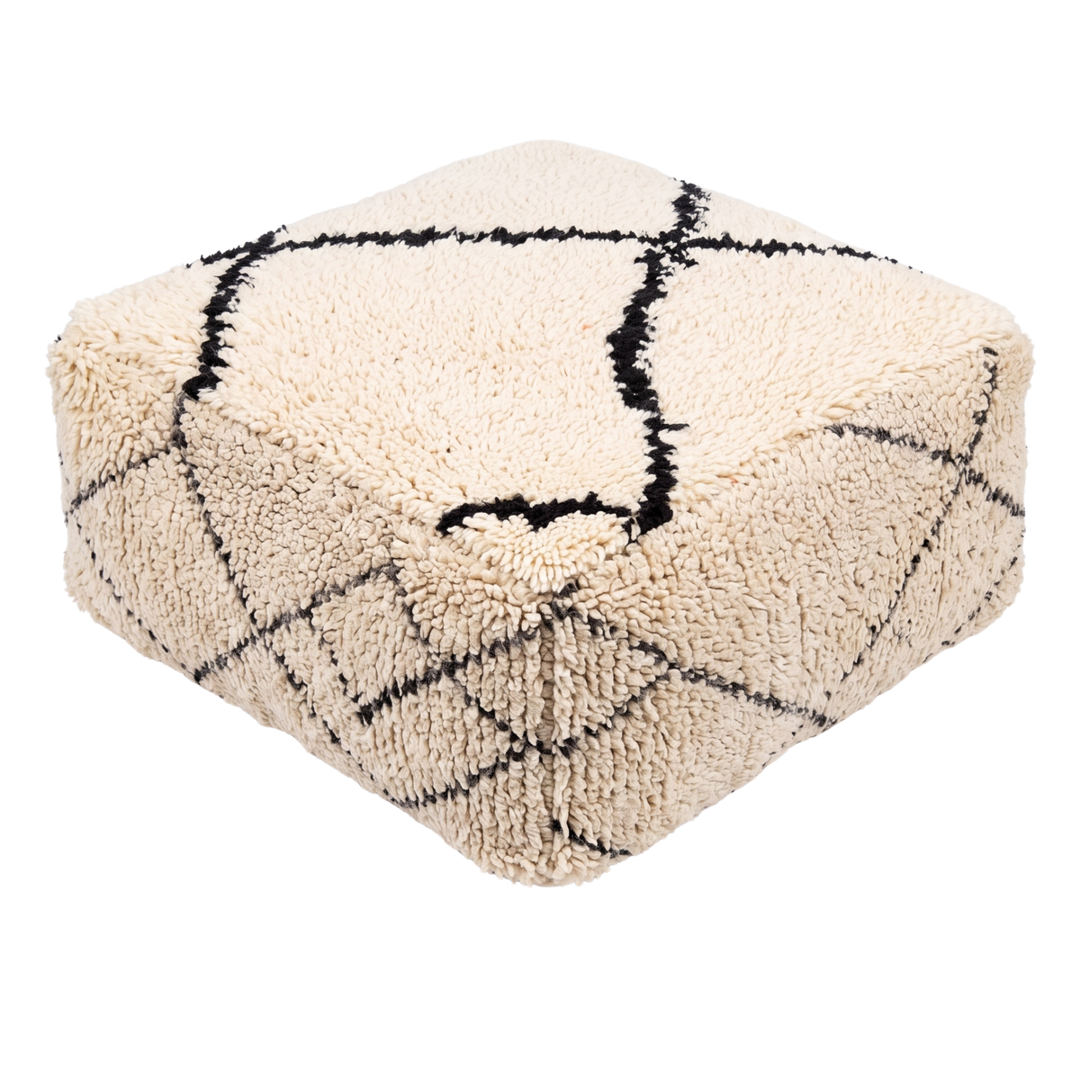 Beni Ourain Berber Floor Pouf 60x60x20 cm – Authentic Handmade Moroccan Shaggy Wool Cushion in Cream and Charcoal Black
