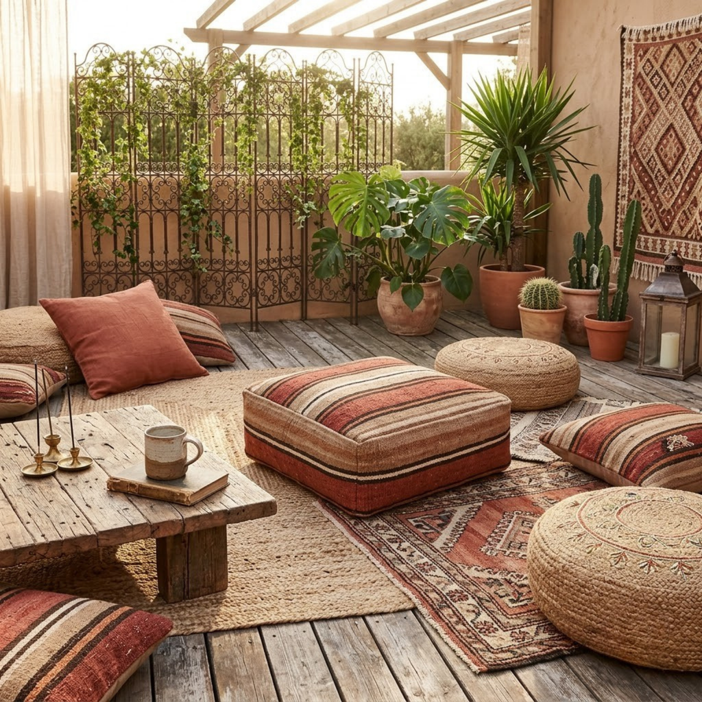 Earth Tone Striped Kilim Berber Floor Pouf 60x60x20 cm – Handmade Moroccan Square Terracotta and Beige Cushion