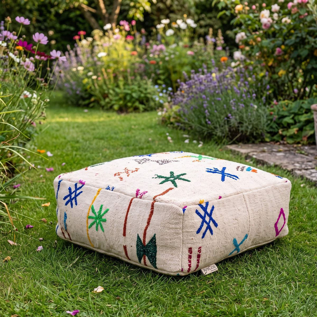Embroidered Berber Floor Pouf 60x60x20 cm – Handmade Moroccan Cream Wool Floor Cushion with Multicolor Amazigh Symbols