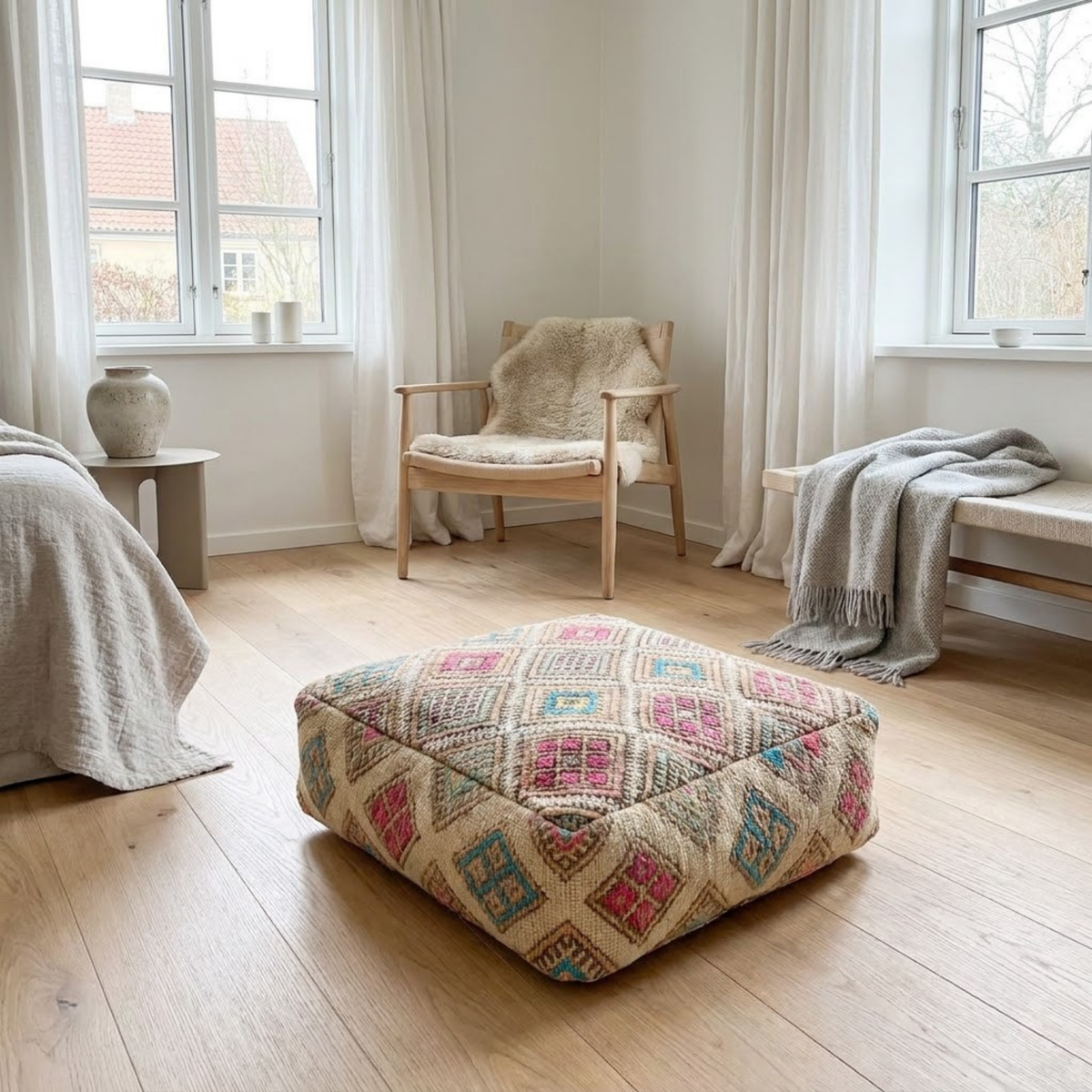 Vintage Geometric Kilim Berber Floor Pouf 60x60x20 cm – Handmade Moroccan Square Cushion with Pastel Diamond Grid