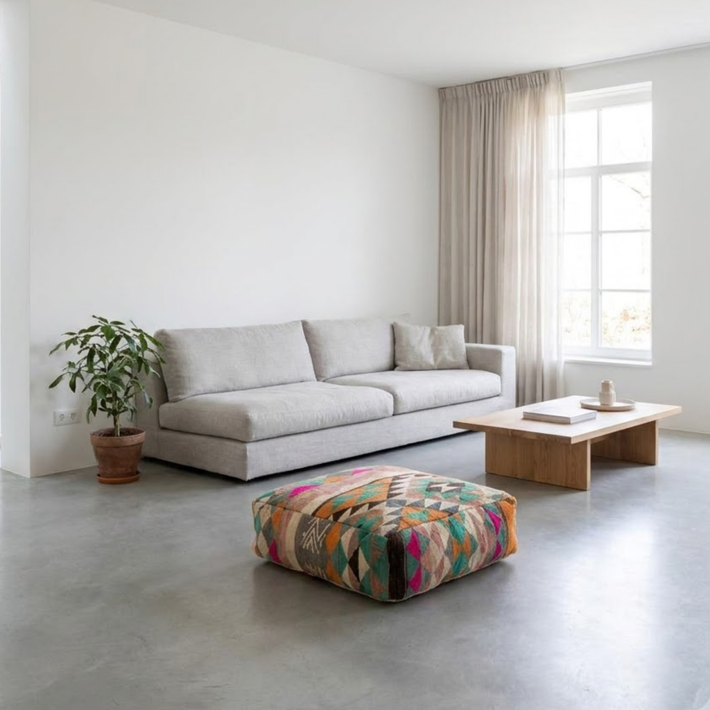 Multicolor Harlequin Kilim Berber Floor Pouf 60x60x20 cm – Authentic Handmade Moroccan Cube Cushion with Geometric Triangle Mosaic