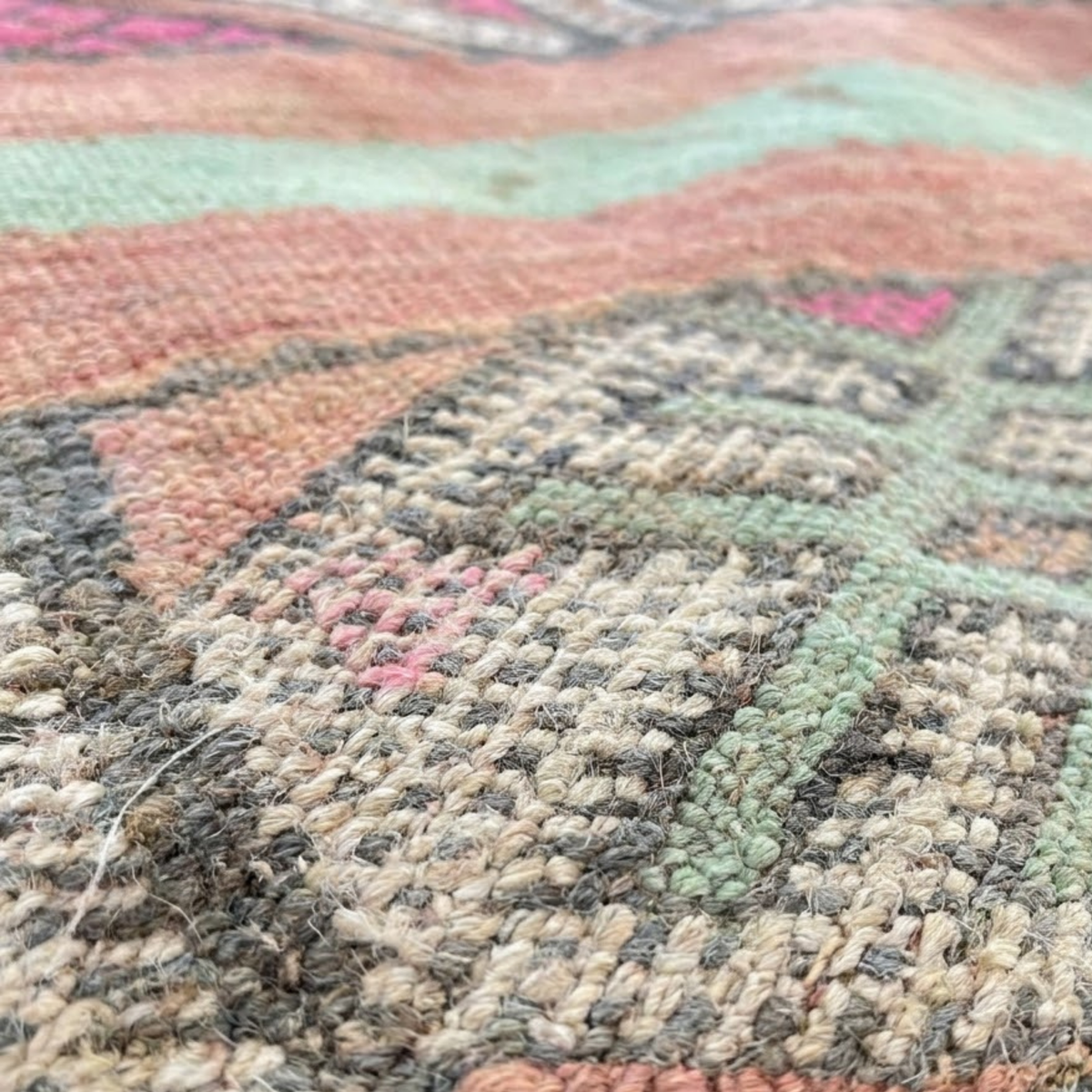 Vintage Pastel Kilim Berber Floor Pouf 60x60x20 cm – Handmade Moroccan Square Cushion with Peach, Mint Stripes and Diamond Medallions