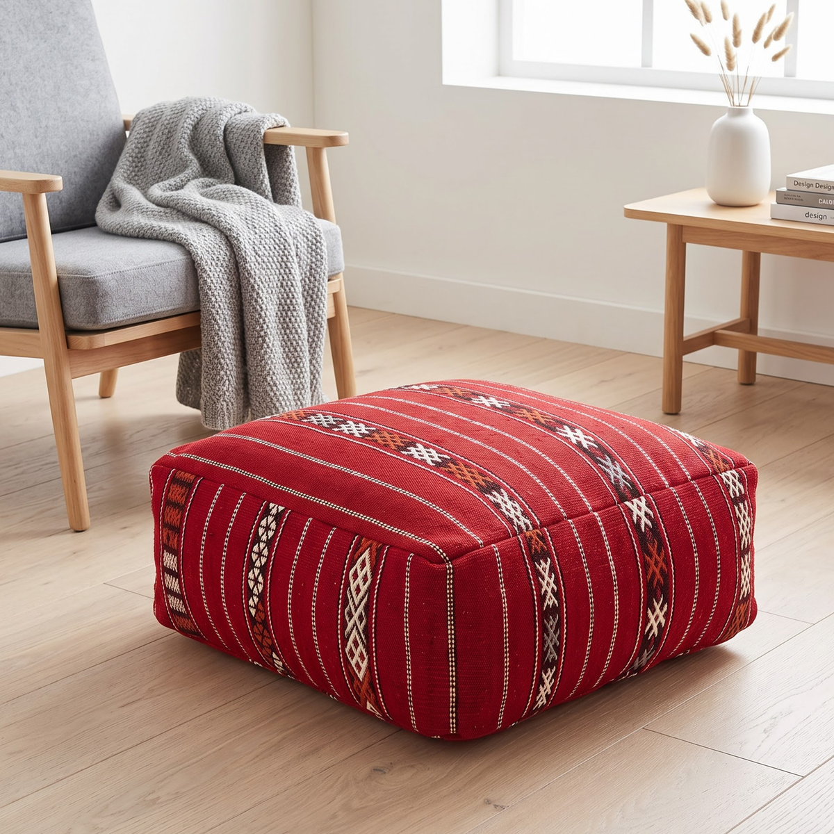 Crimson Red Kilim Berber Floor Pouf 60x60x20 cm – Handmade Moroccan Square Cushion with Tribal Geometric Motifs