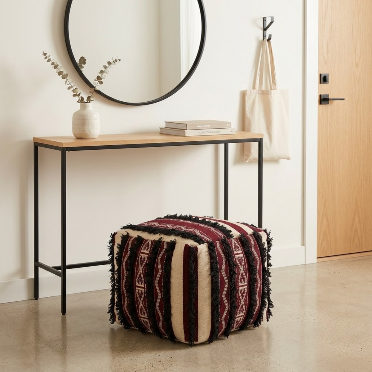 Burgundy and Cream Berber Floor Pouf with Black Fringe 45x45 cm – Authentic Handmade Moroccan Cube Ottoman