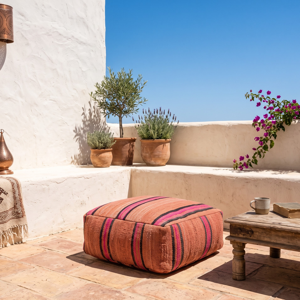Square Kilim Berber Floor Pouf 60x60x20 cm – Handmade Moroccan Terracotta and Magenta Striped Ottoman