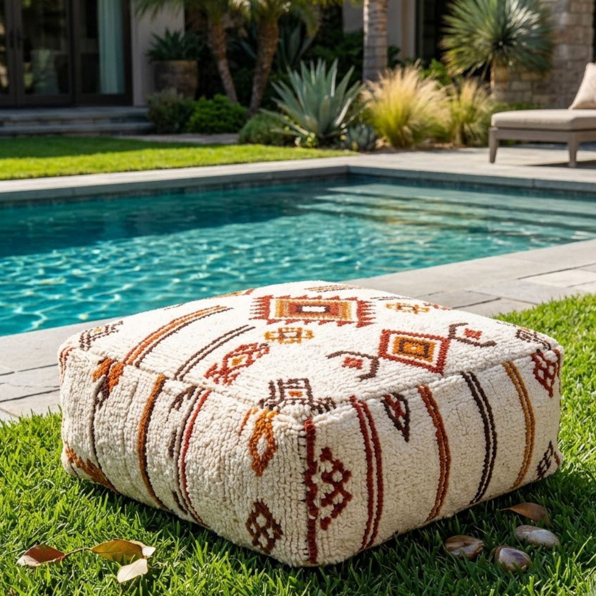 Beni Ourain Berber Floor Pouf 60x60x20 cm – Authentic Handmade Moroccan Cream Wool Cushion with Earthy Tribal Motifs