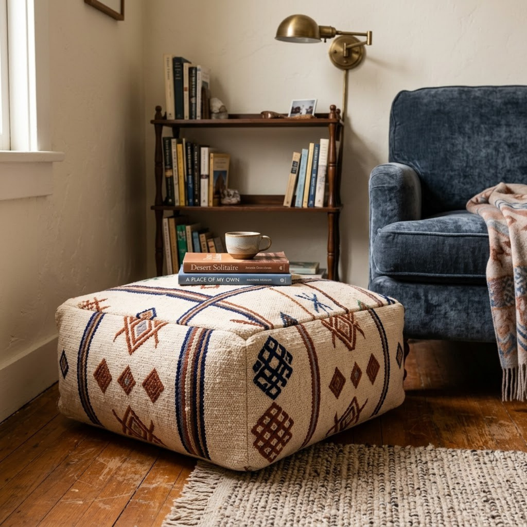 Embroidered Cream Berber Floor Pouf 60x60x20 cm – Handmade Moroccan Square Cushion with Terracotta and Indigo Amazigh Motifs