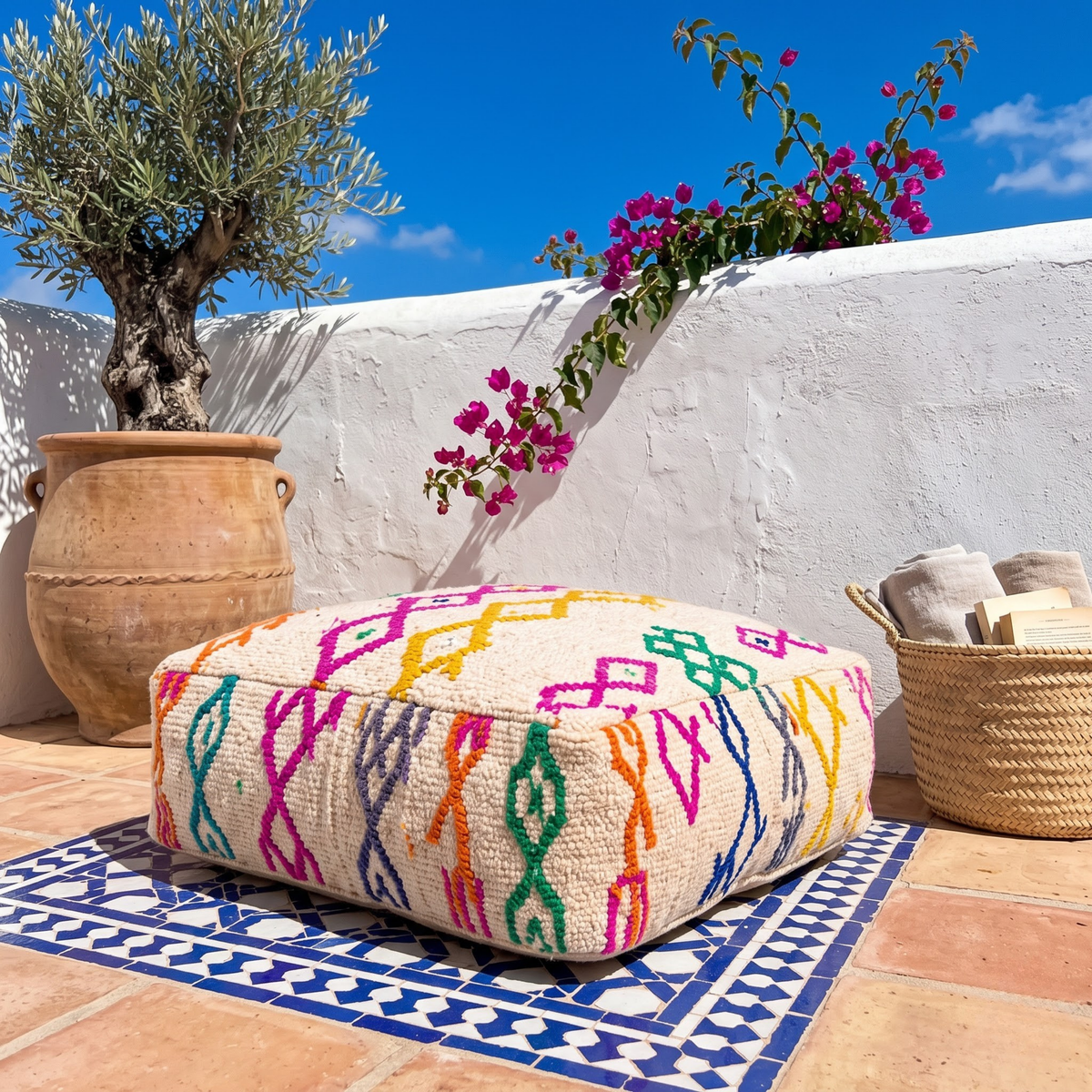 Multicolor Azilal Berber Floor Pouf 60x60x20 cm – Authentic Handmade Moroccan Off-White Wool Ottoman