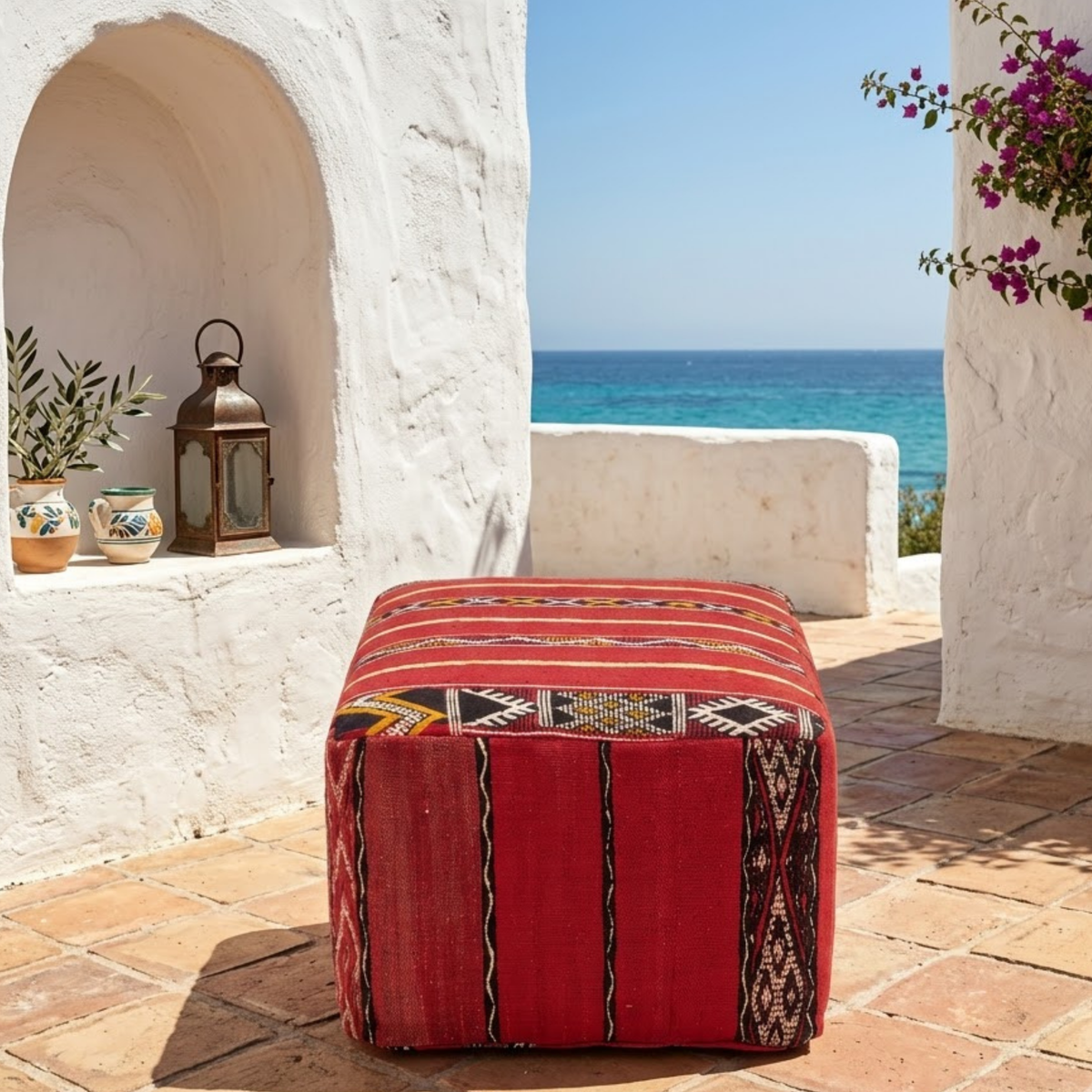 Ruby Red Kilim Berber Floor Pouf 45x45 cm – Authentic Handmade Moroccan Cube Ottoman with Tribal Geometric Bands