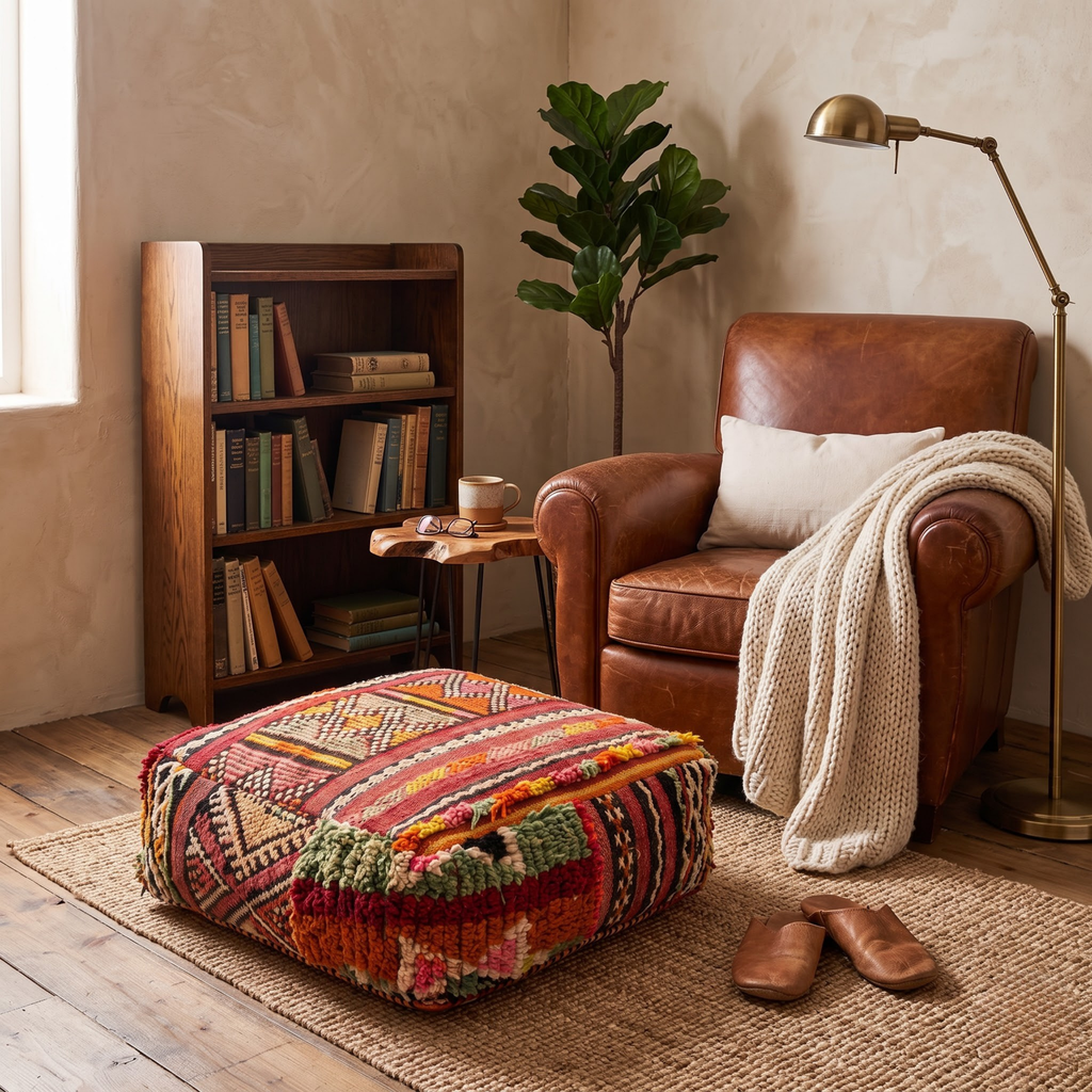 Vintage Boujad Berber Floor Pouf 60x60x20 cm – Handmade Moroccan Kilim and High-Pile Wool Square Cushion