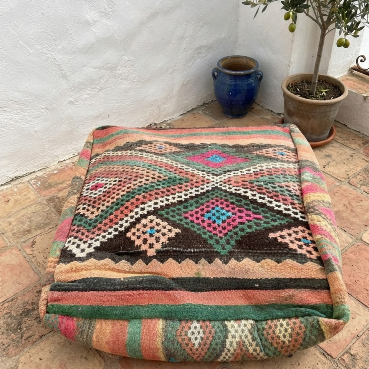 Vintage Coral Kilim Berber Floor Pouf 60x60x20 cm – Handmade Moroccan Square Cushion with Green, Turquoise and Diamond Medallion