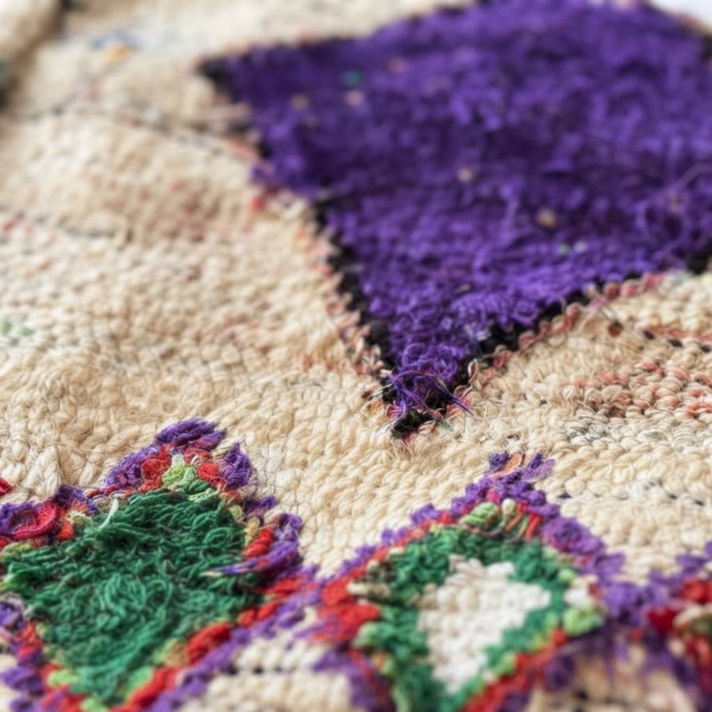 Vintage Shaggy Boujad Berber Floor Pouf 60x60x20 cm – Authentic Handmade Moroccan High-Pile Wool Cushion with Purple Diamond
