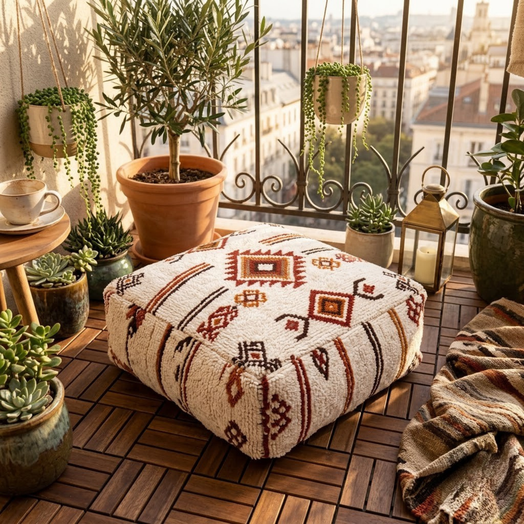 Beni Ourain Berber Floor Pouf 60x60x20 cm – Authentic Handmade Moroccan Cream Wool Cushion with Earthy Tribal Motifs