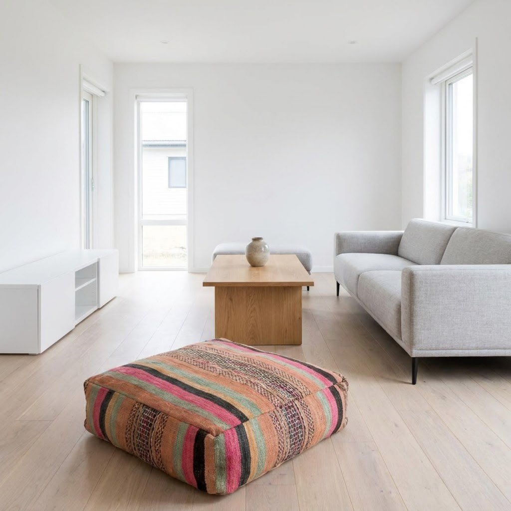 Pastel Sunset Kilim Berber Floor Pouf 60x60x20 cm – Handmade Moroccan Square Cushion with Pink, Mint, and Peach Stripes