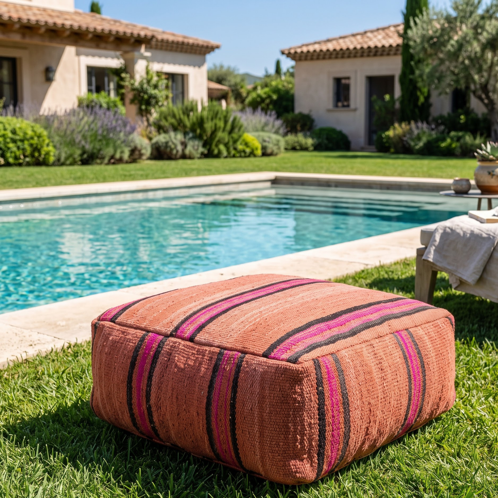 Square Kilim Berber Floor Pouf 60x60x20 cm – Handmade Moroccan Terracotta and Magenta Striped Ottoman