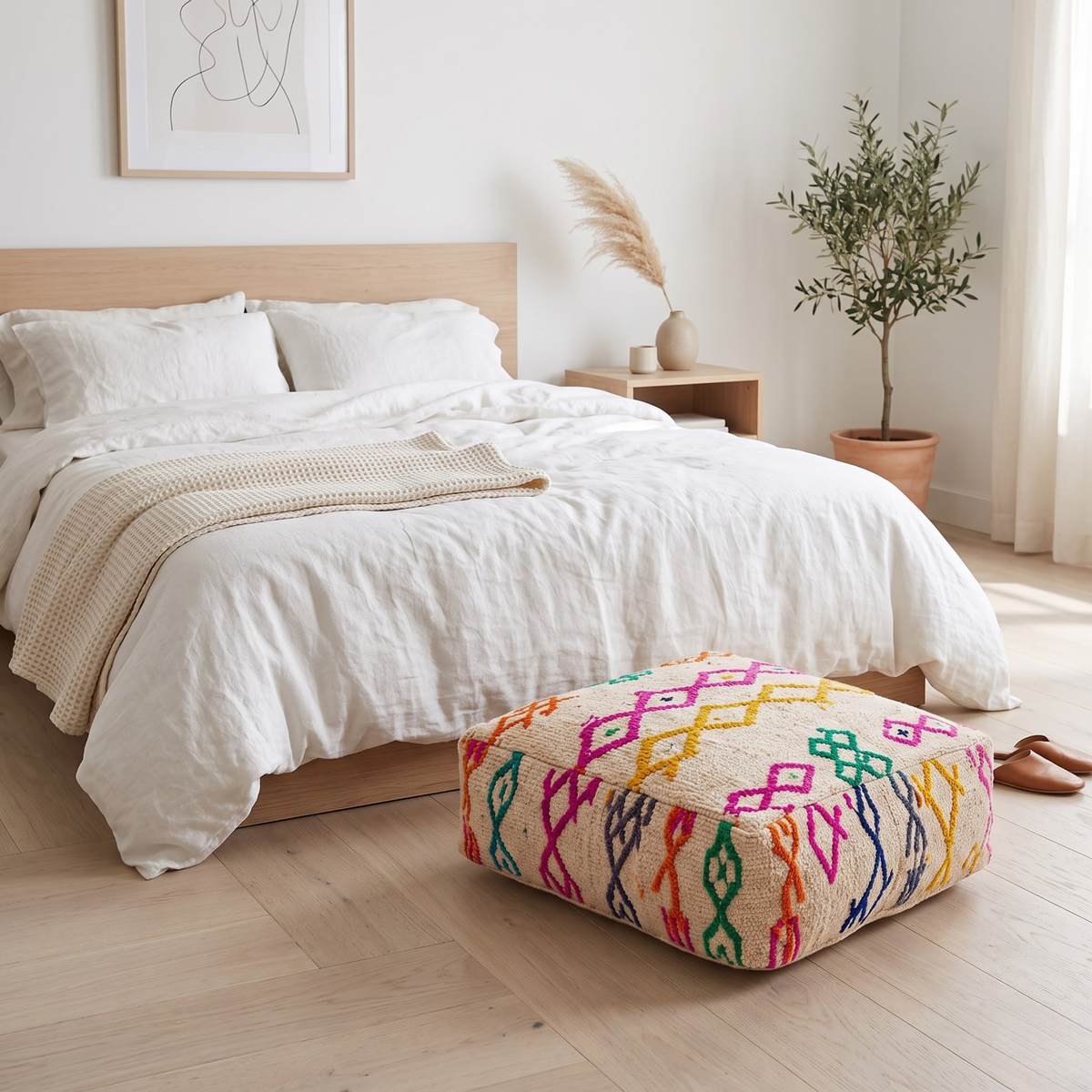 Multicolor Azilal Berber Floor Pouf 60x60x20 cm – Authentic Handmade Moroccan Off-White Wool Ottoman
