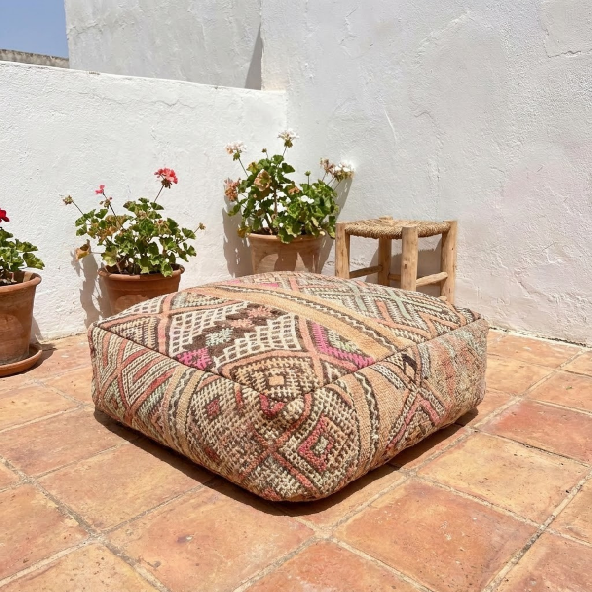 Vintage Sand Kilim Berber Floor Pouf 60x60x20 cm – Handmade Moroccan Square Cushion with Tribal Lattice Mosaic and Pastel Accents