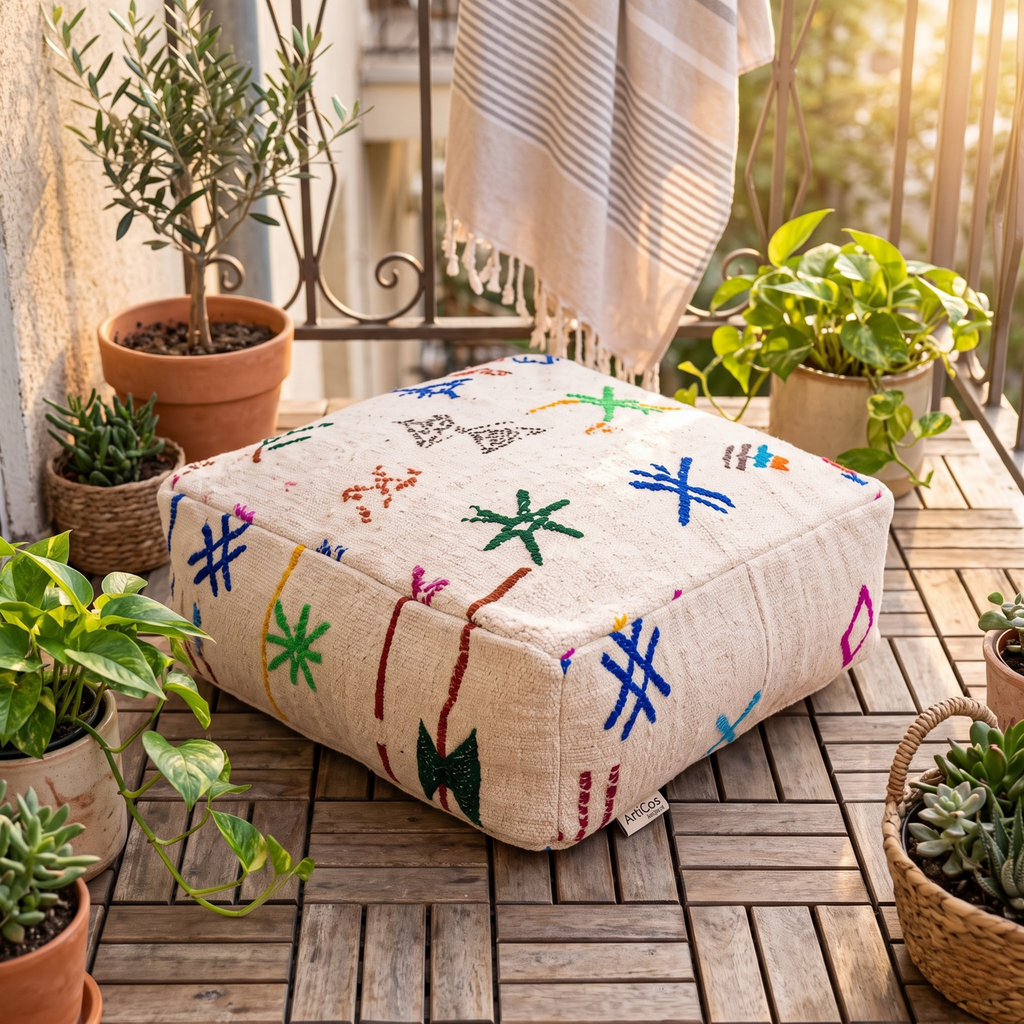Embroidered Berber Floor Pouf 60x60x20 cm – Handmade Moroccan Cream Wool Floor Cushion with Multicolor Amazigh Symbols