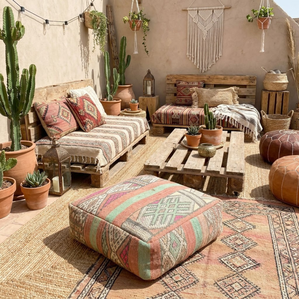 Vintage Pastel Kilim Berber Floor Pouf 60x60x20 cm – Handmade Moroccan Square Cushion with Peach, Mint Stripes and Diamond Medallions