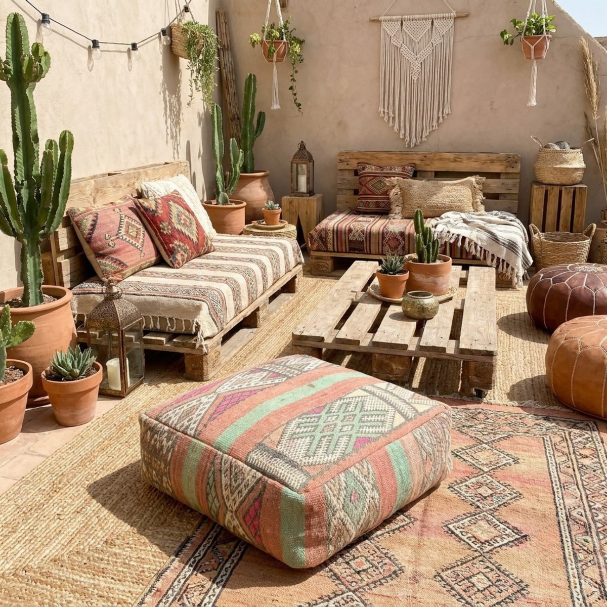 Vintage Pastel Kilim Berber Floor Pouf 60x60x20 cm – Handmade Moroccan Square Cushion with Peach, Mint Stripes and Diamond Medallions
