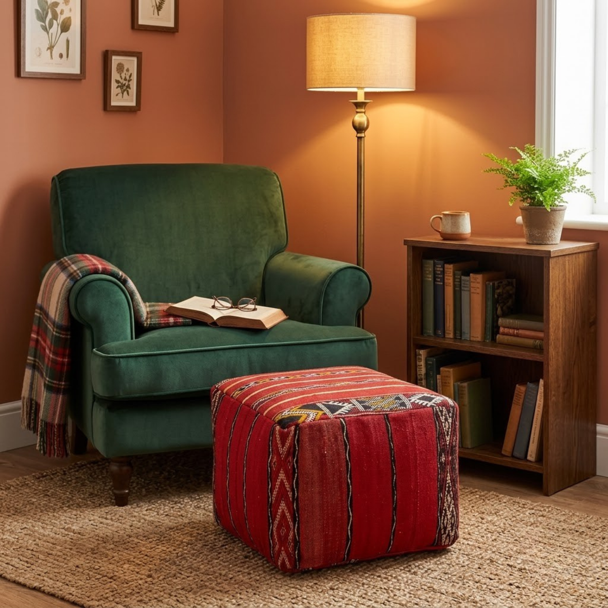 Ruby Red Kilim Berber Floor Pouf 45x45 cm – Authentic Handmade Moroccan Cube Ottoman with Tribal Geometric Bands