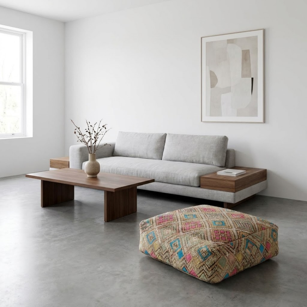 Vintage Geometric Kilim Berber Floor Pouf 60x60x20 cm – Handmade Moroccan Square Cushion with Pastel Diamond Grid
