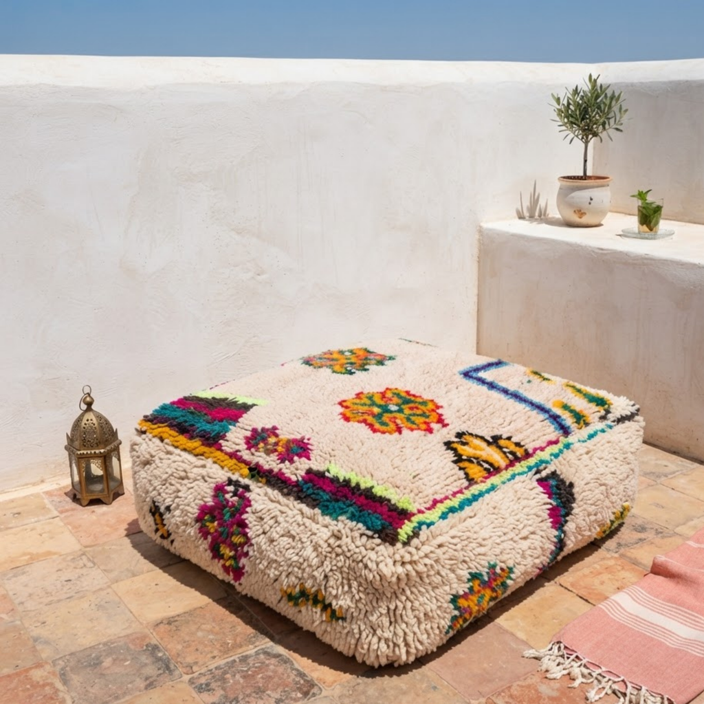Multicolor Azilal Berber Floor Pouf 60x60x20 cm – Authentic Handmade Moroccan Cream Wool Cushion with High-Pile Shaggy Sides