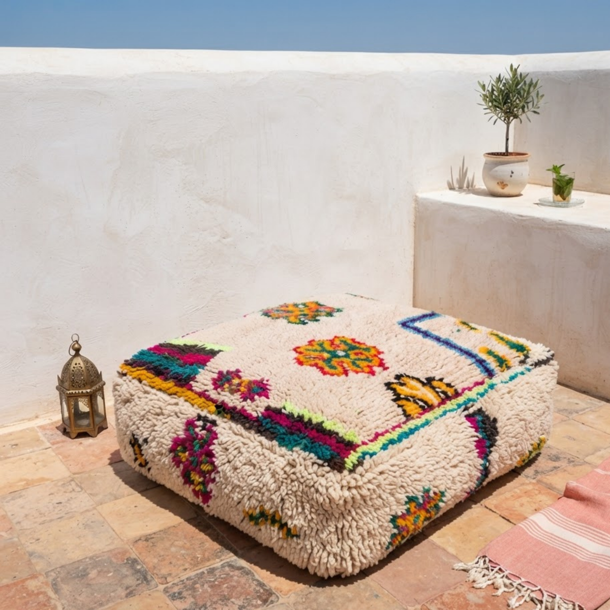 Multicolor Azilal Berber Floor Pouf 60x60x20 cm – Authentic Handmade Moroccan Cream Wool Cushion with High-Pile Shaggy Sides