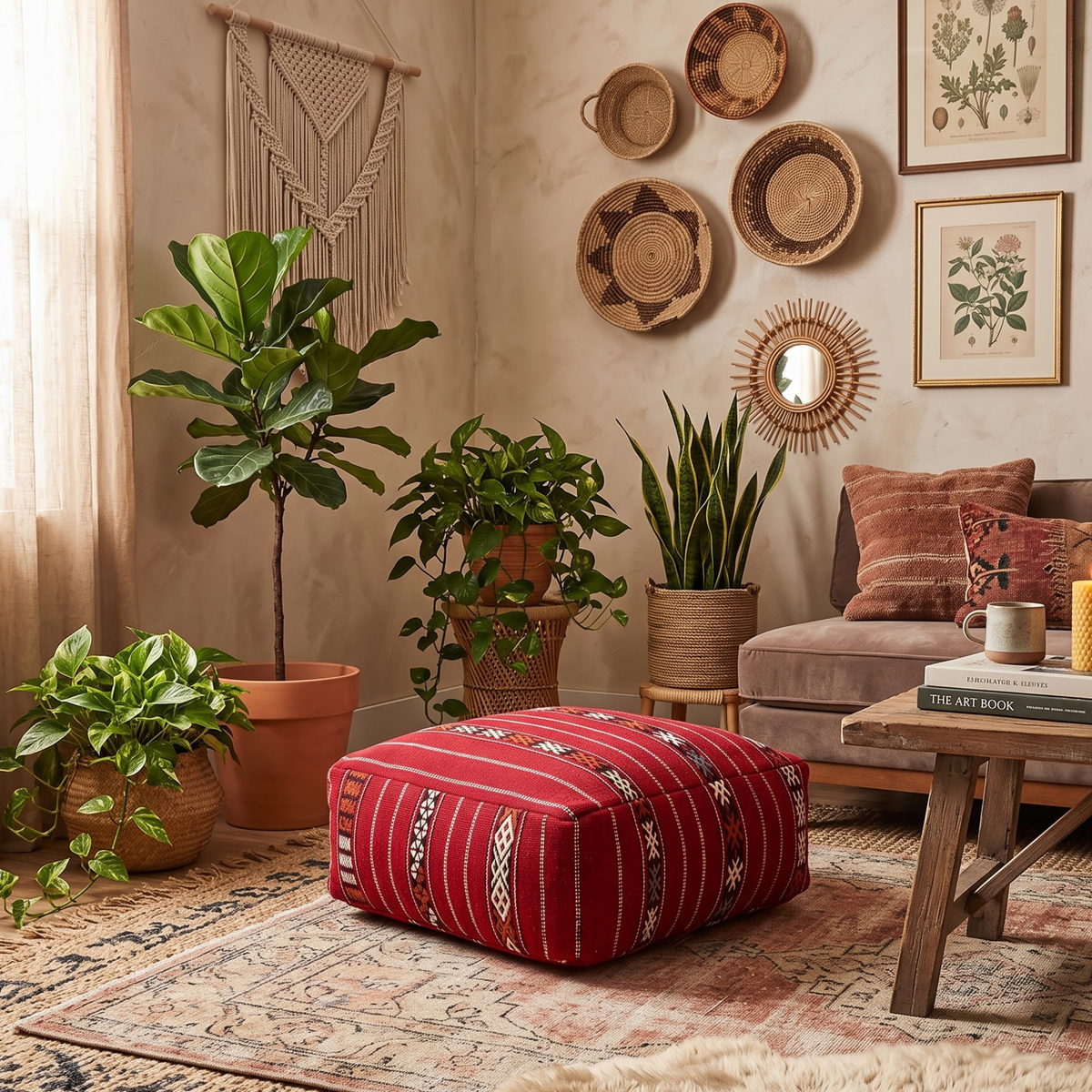Crimson Red Kilim Berber Floor Pouf 60x60x20 cm – Handmade Moroccan Square Cushion with Tribal Geometric Motifs
