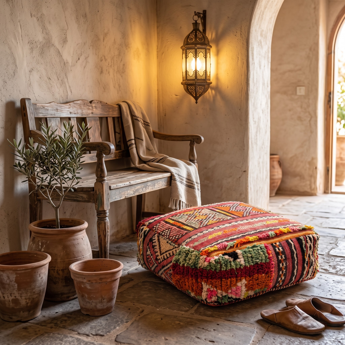 Vintage Boujad Berber Floor Pouf 60x60x20 cm – Handmade Moroccan Kilim and High-Pile Wool Square Cushion