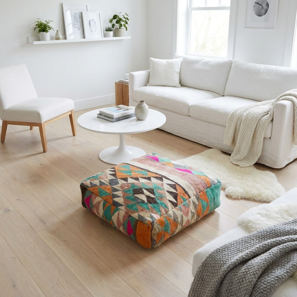 Multicolor Harlequin Kilim Berber Floor Pouf 60x60x20 cm – Authentic Handmade Moroccan Cube Cushion with Geometric Triangle Mosaic