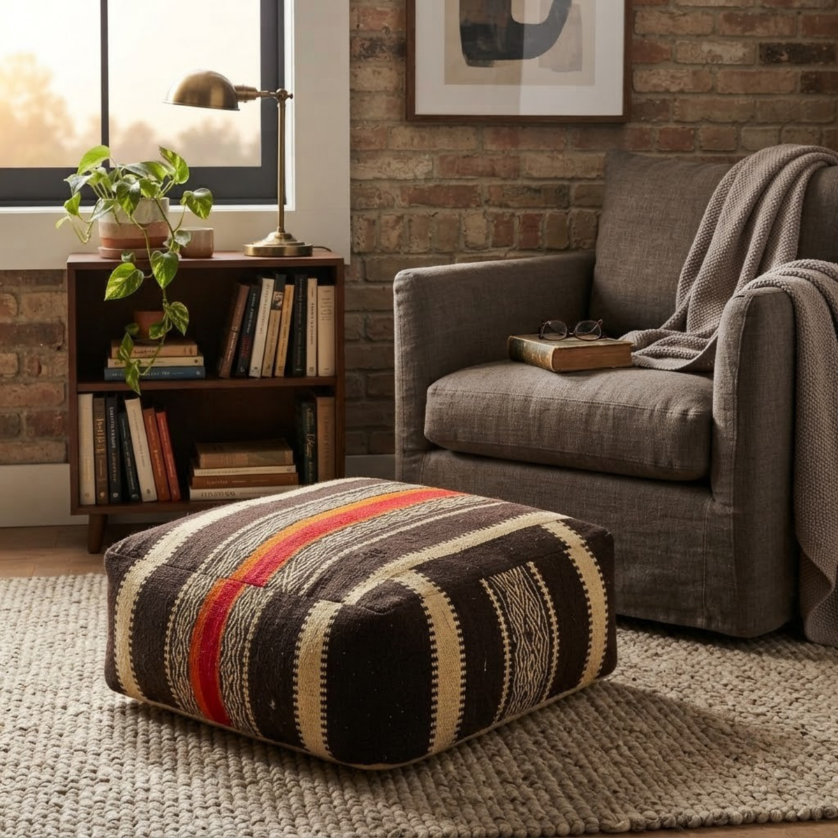Dark Brown Kilim Berber Floor Pouf 60x60x20 cm – Handmade Moroccan Square Cushion with Cream Stripes and Warm Orange Band