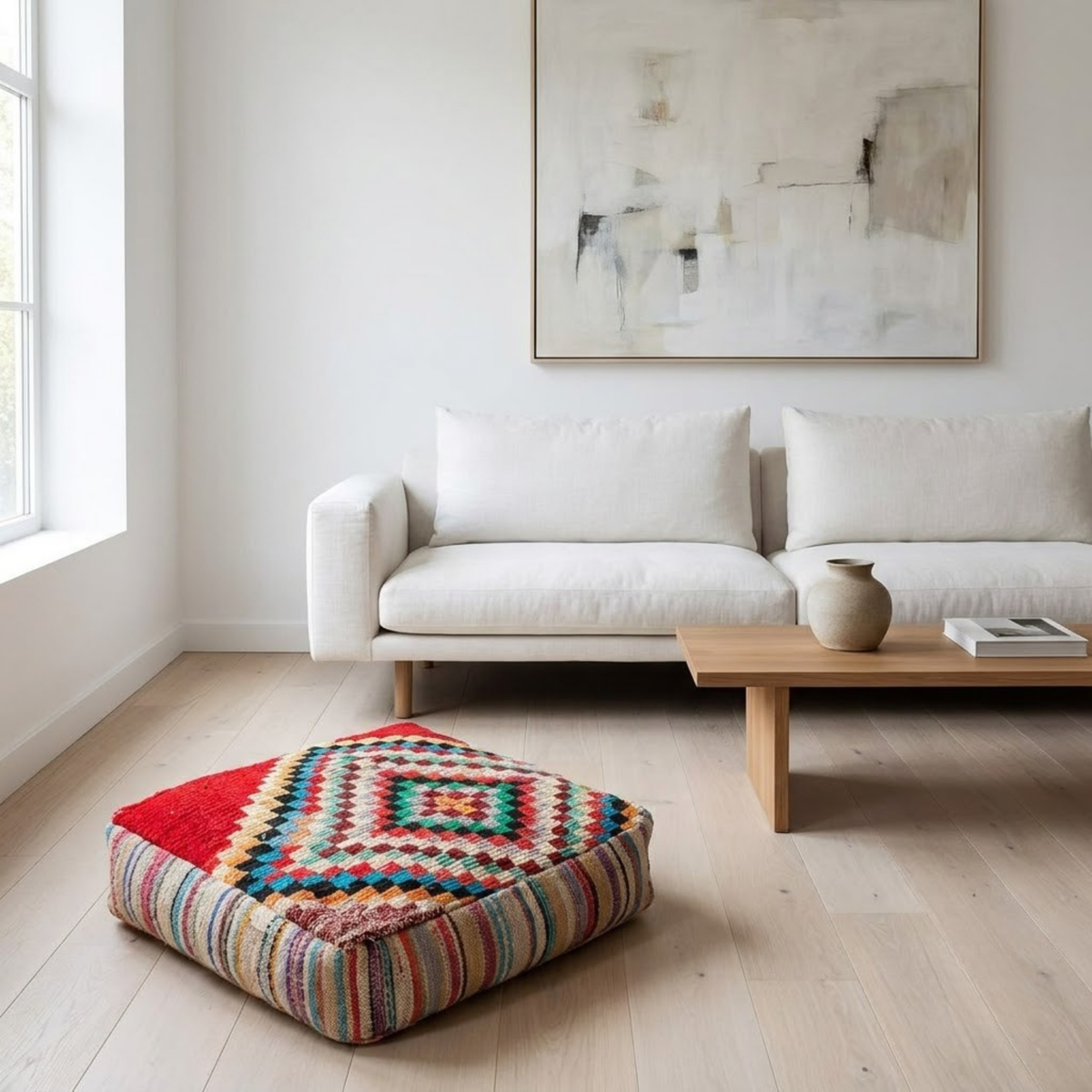 Multicolor Boujad Berber Floor Pouf 60x60x20 cm – Handmade Moroccan Square Cushion with Concentric Diamond Mosaic and Striped Sides