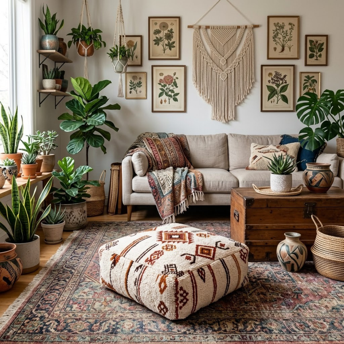 Beni Ourain Berber Floor Pouf 60x60x20 cm – Authentic Handmade Moroccan Cream Wool Cushion with Earthy Tribal Motifs