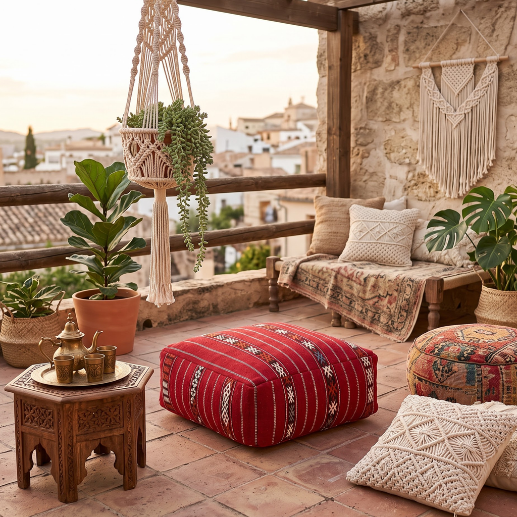 Crimson Red Kilim Berber Floor Pouf 60x60x20 cm – Handmade Moroccan Square Cushion with Tribal Geometric Motifs