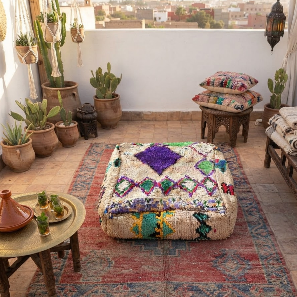Vintage Shaggy Boujad Berber Floor Pouf 60x60x20 cm – Authentic Handmade Moroccan High-Pile Wool Cushion with Purple Diamond