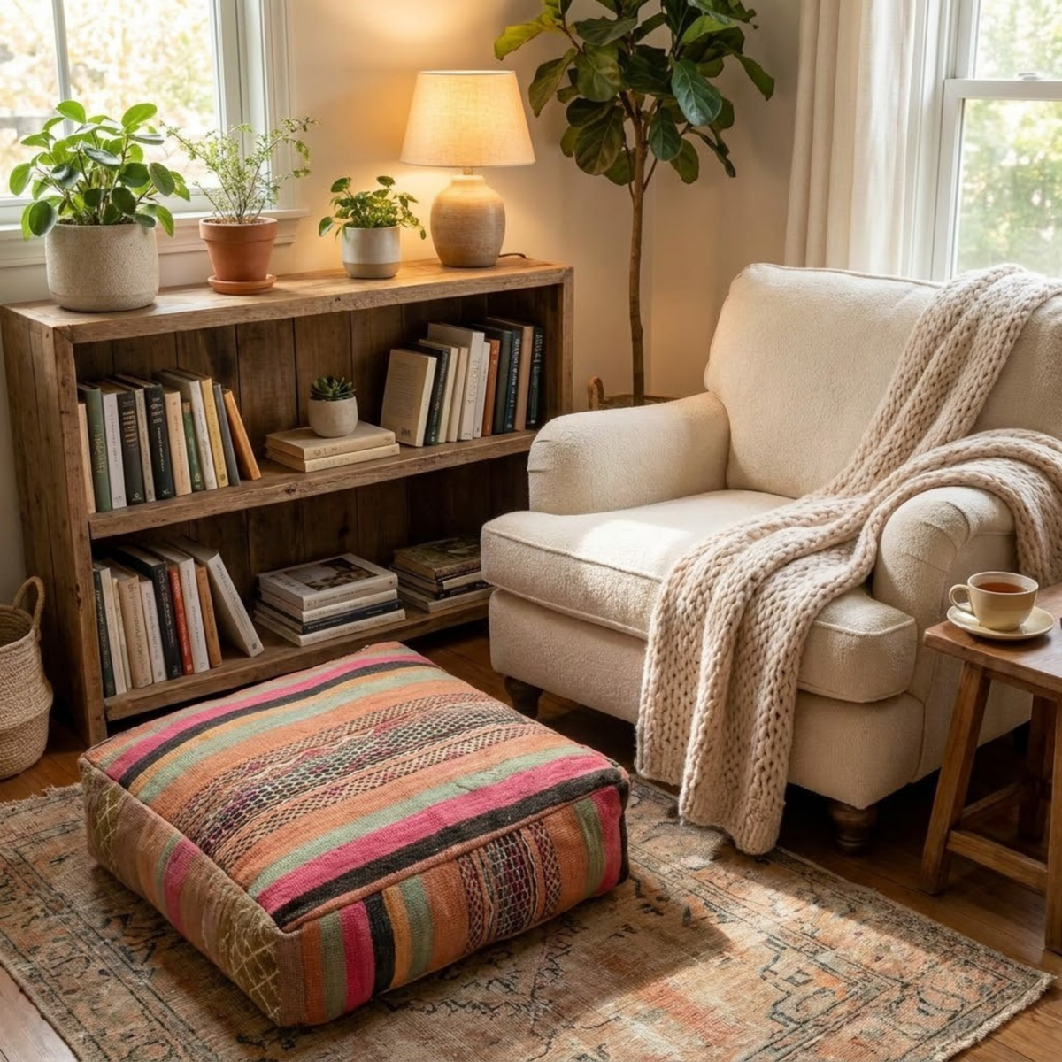 Pastel Sunset Kilim Berber Floor Pouf 60x60x20 cm – Handmade Moroccan Square Cushion with Pink, Mint, and Peach Stripes
