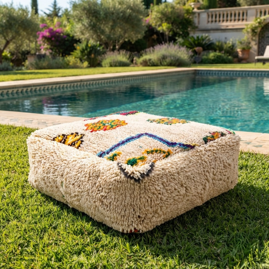Multicolor Azilal Berber Floor Pouf 60x60x20 cm – Authentic Handmade Moroccan Cream Wool Cushion with High-Pile Shaggy Sides