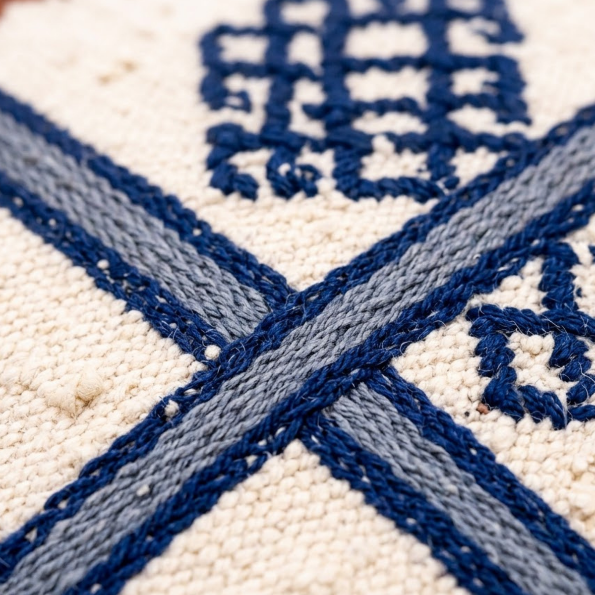 Embroidered Cream Berber Floor Pouf 60x60x20 cm – Handmade Moroccan Square Cushion with Terracotta and Indigo Amazigh Motifs