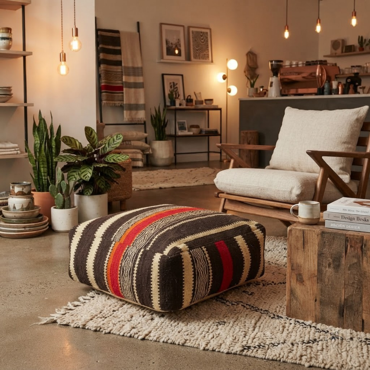 Dark Brown Kilim Berber Floor Pouf 60x60x20 cm – Handmade Moroccan Square Cushion with Cream Stripes and Warm Orange Band