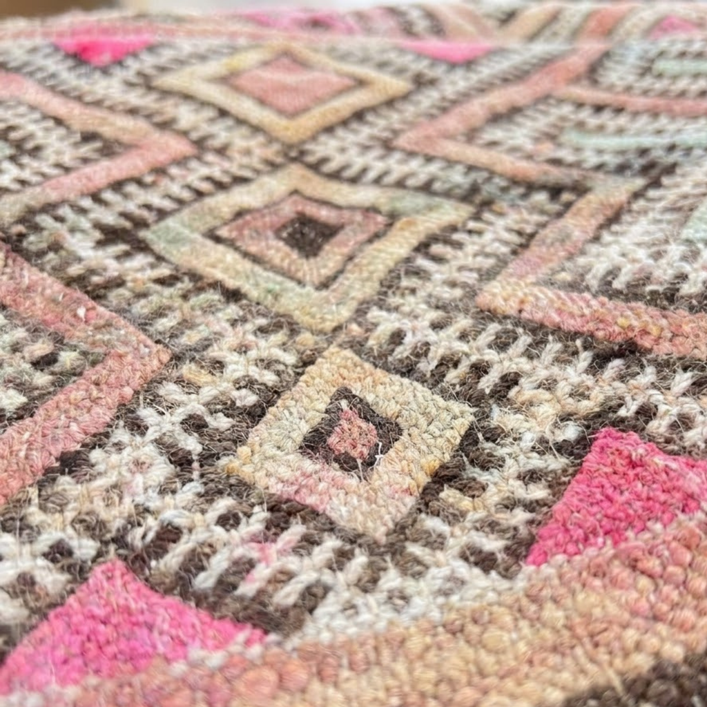 Vintage Sand Kilim Berber Floor Pouf 60x60x20 cm – Handmade Moroccan Square Cushion with Tribal Lattice Mosaic and Pastel Accents