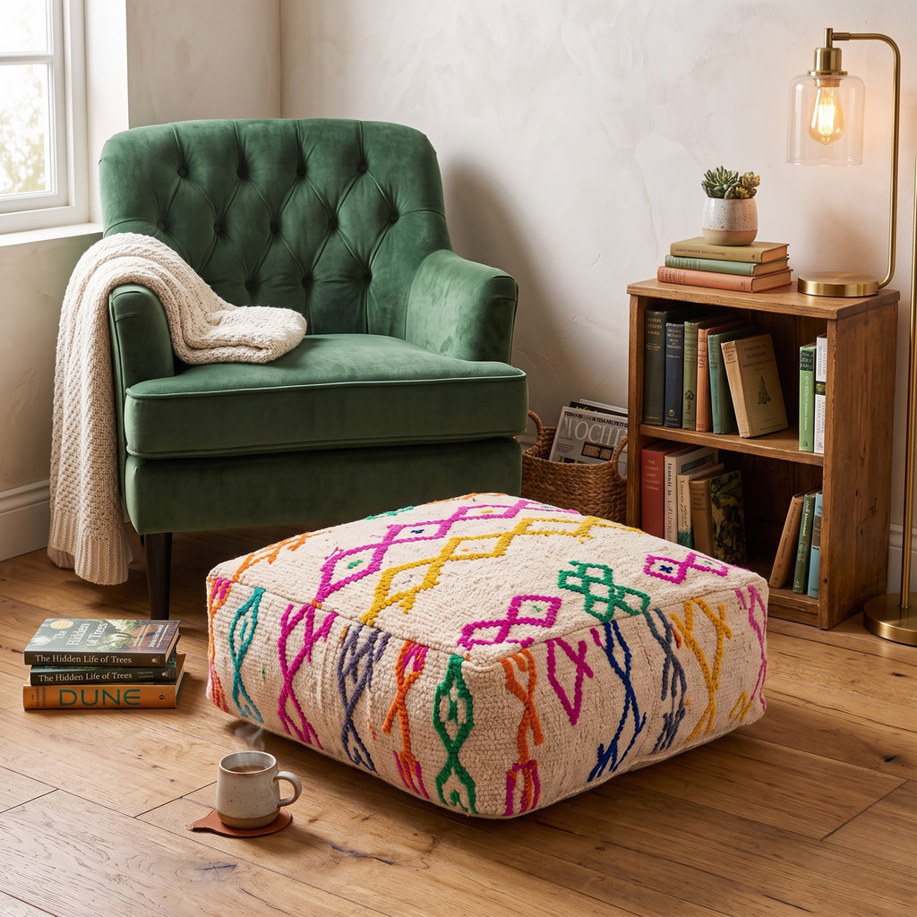 Multicolor Azilal Berber Floor Pouf 60x60x20 cm – Authentic Handmade Moroccan Off-White Wool Ottoman