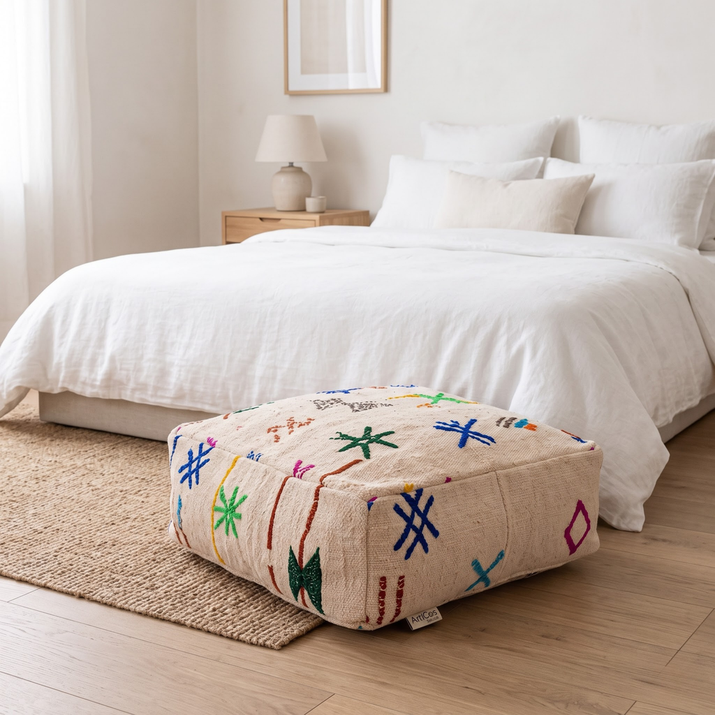 Embroidered Berber Floor Pouf 60x60x20 cm – Handmade Moroccan Cream Wool Floor Cushion with Multicolor Amazigh Symbols