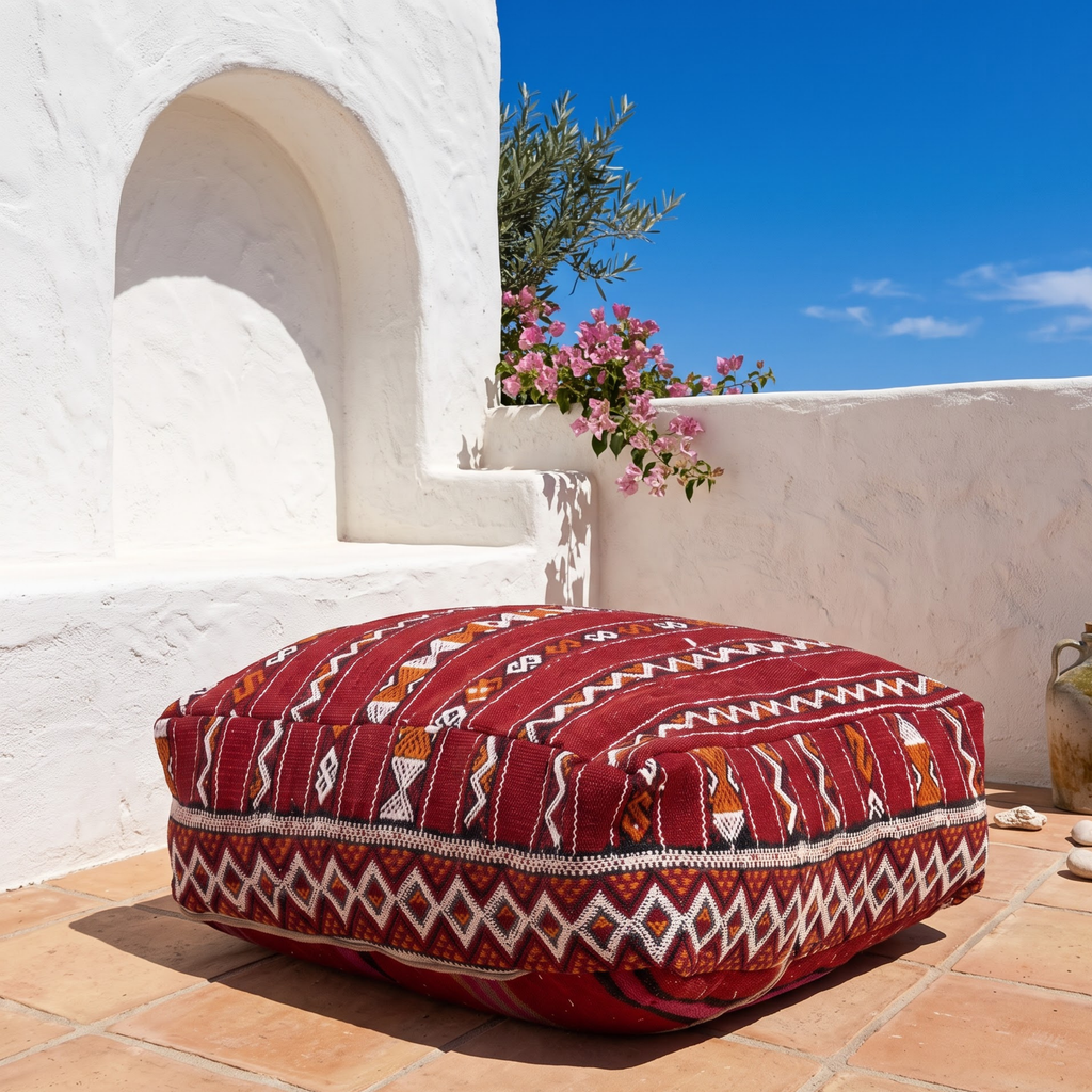 Deep Maroon Kilim Berber Floor Pouf 60x60x20 cm – Authentic Handmade Moroccan Floor Cushion with Tribal Diamond Border