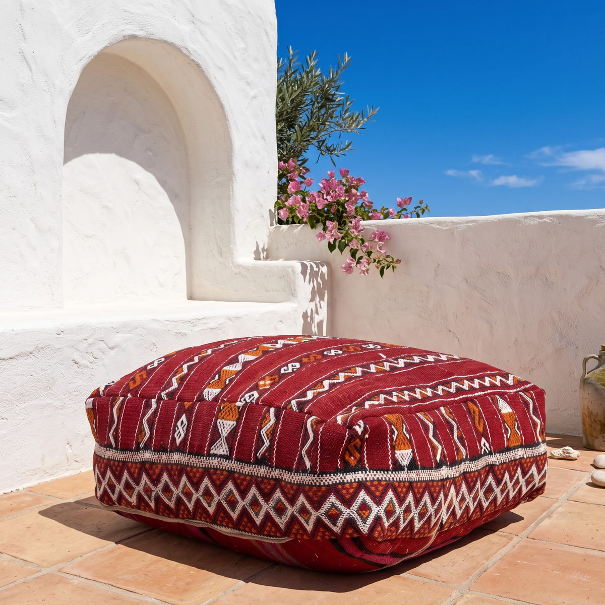 Deep Maroon Kilim Berber Floor Pouf 60x60x20 cm – Authentic Handmade Moroccan Floor Cushion with Tribal Diamond Border