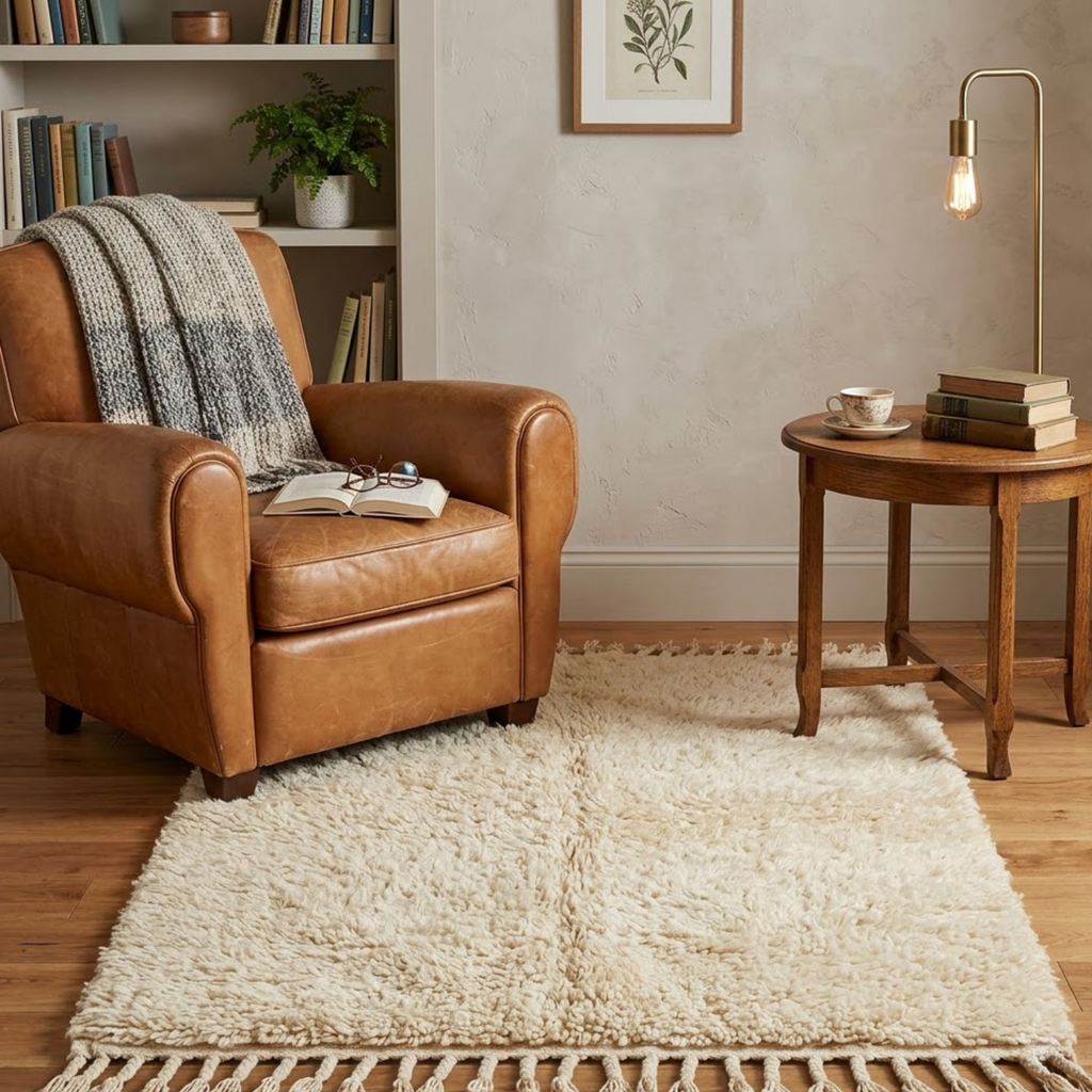 Handmade Moroccan Wool Rug Plain Beni Ourain Style | Solid Natural Sand & Cream High-Pile Atlas Carpet