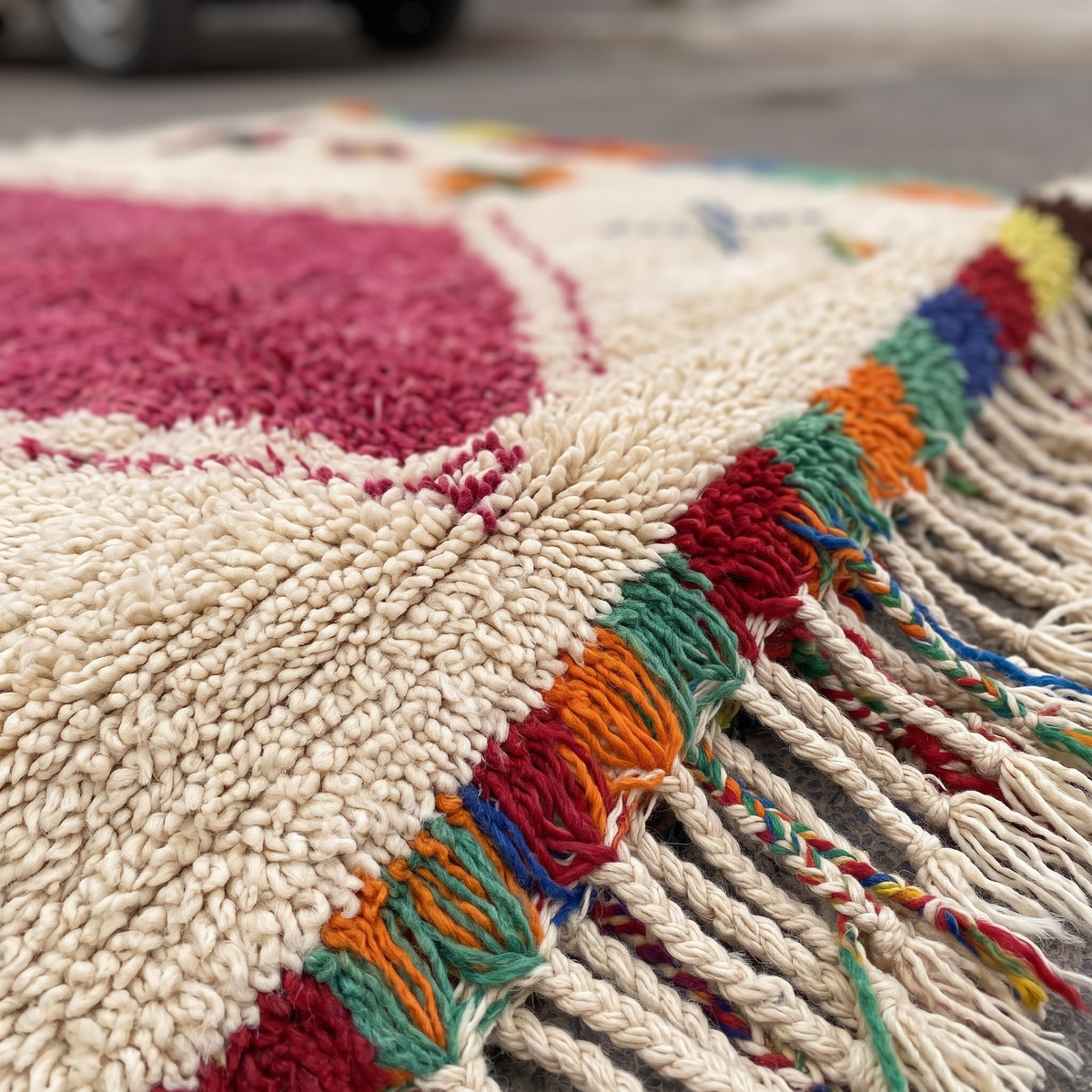 Handmade Moroccan Wool Rug Azilal Style | Magenta Centerpiece & Tribal Cross Symbols on Cream Atlas Carpet