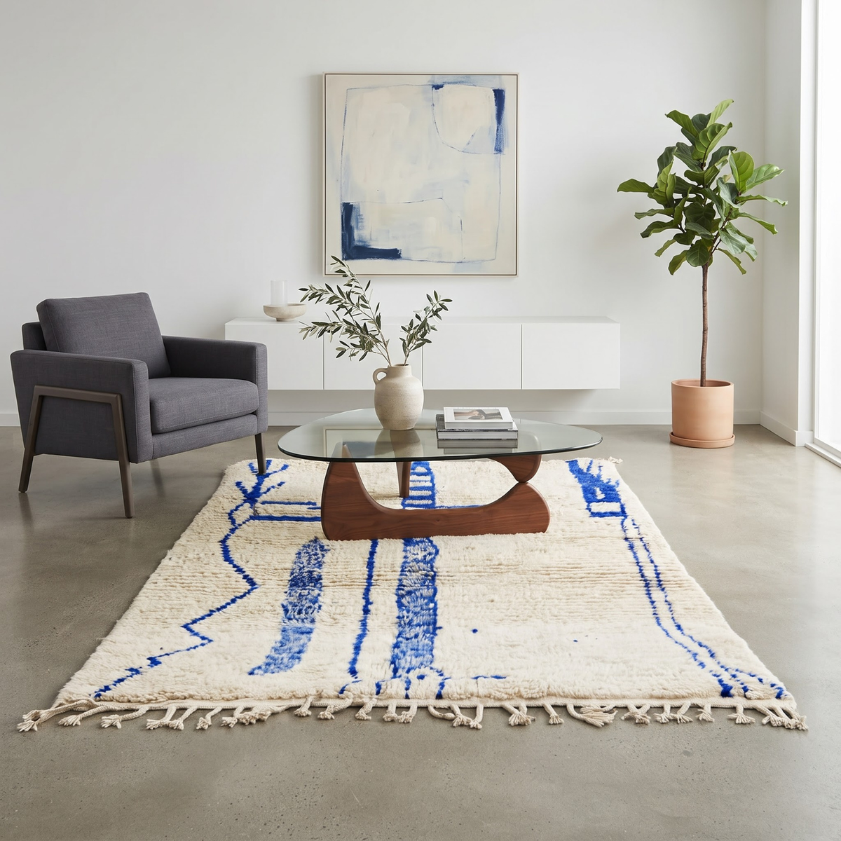 Handmade Moroccan Wool Rug Azilal Style | Cobalt Majorelle Blue Abstract Motifs on Cream Atlas Carpet